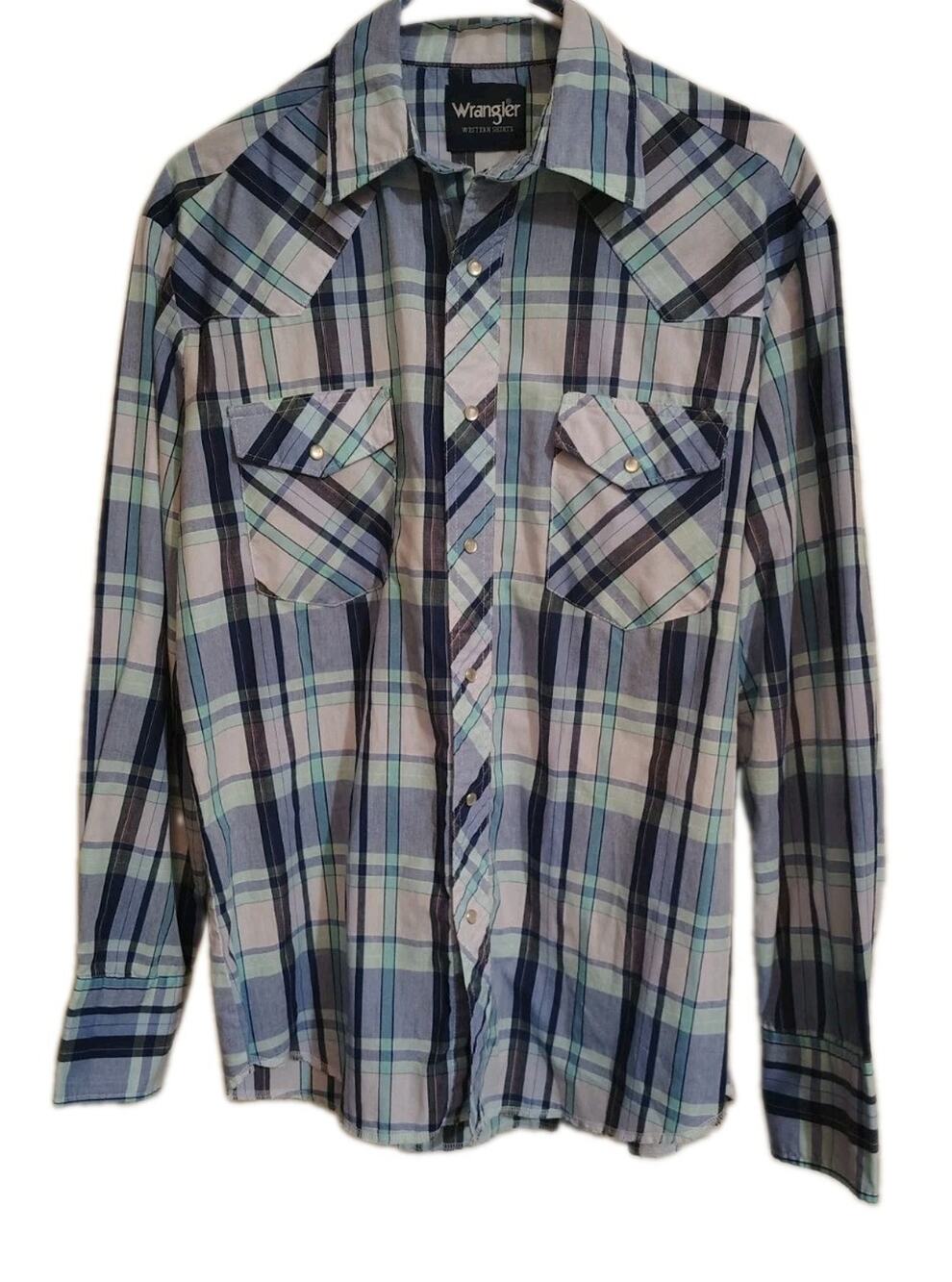 Wrangler Pearl Snap Shirt Size Medium M Mens Western M Blue Plaid Cowboy Rodeo